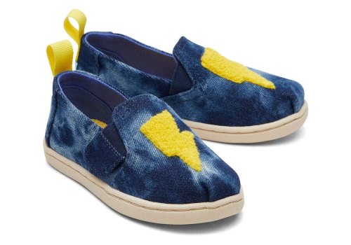 Navy Washed Denim Kids' Toms Tiny Alpargata Twin Gore Washed Denim Ligthning Bolt Alpargatas Ireland | IE905-591