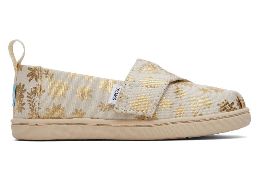 Natural Gold Foil Kids' Toms Tiny Alpargata Gold Foil Floral Blooms Alpargatas Ireland | IE447-610