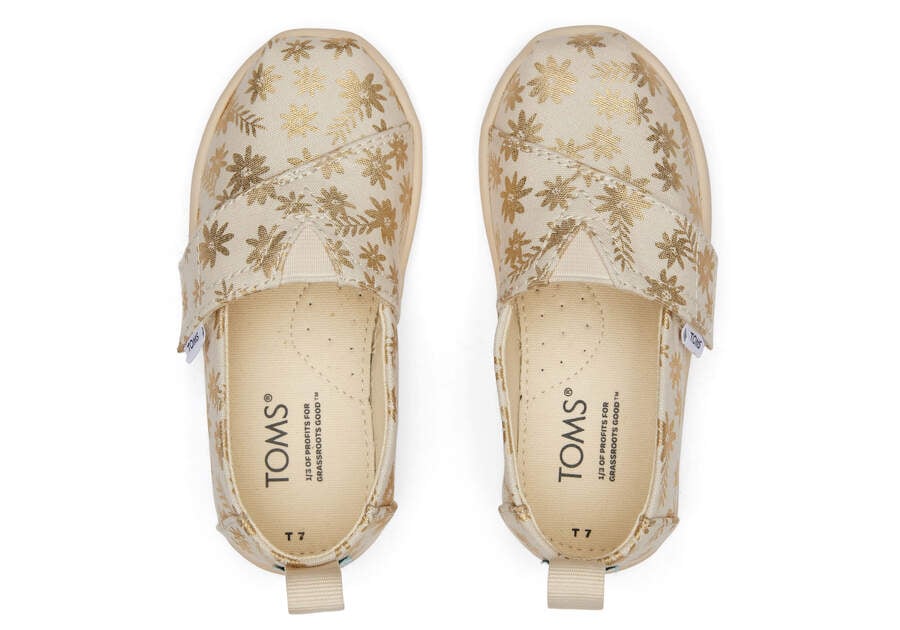 Natural Gold Foil Kids' Toms Tiny Alpargata Gold Foil Floral Blooms Alpargatas Ireland | IE447-610