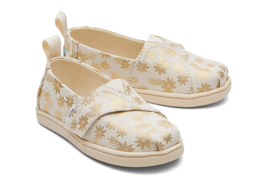 Natural Gold Foil Kids\' Toms Tiny Alpargata Gold Foil Floral Blooms Alpargatas Ireland | IE447-610