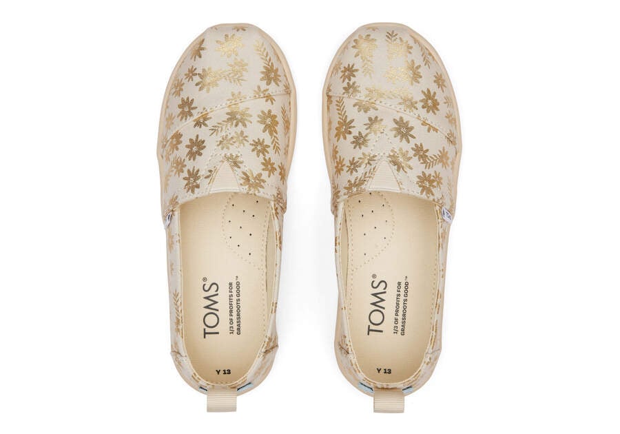 Natural Gold Foil Kids' Toms Youth Alpargata Gold Foil Floral Blooms Alpargatas Ireland | IE012-153