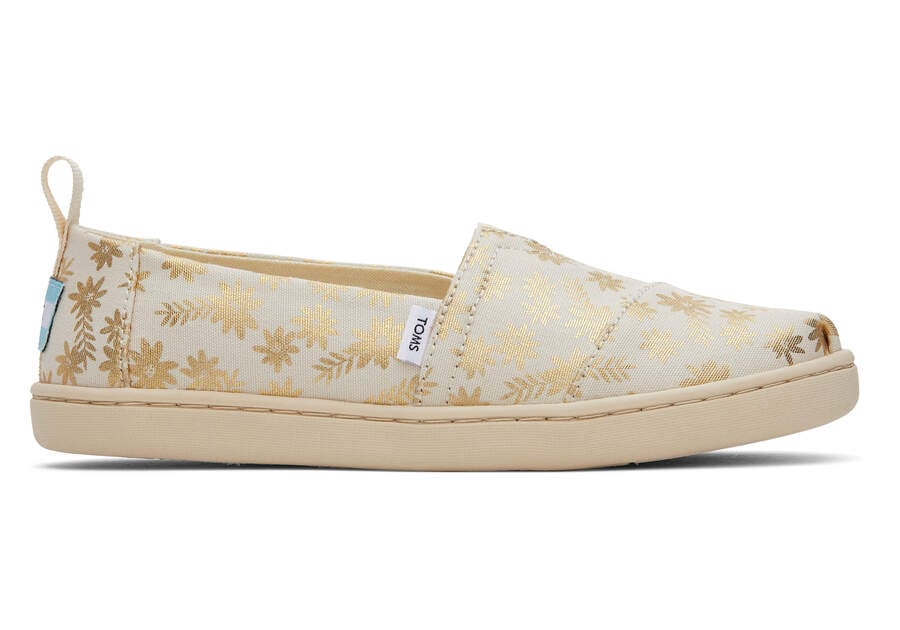 Natural Gold Foil Kids\' Toms Youth Alpargata Gold Foil Floral Blooms Alpargatas Ireland | IE012-153