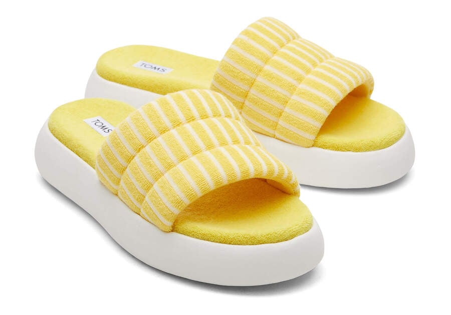 Sunny Yellow Striped Terry Women's Toms Mallow Slide Terry Sandals Ireland | IE256-520